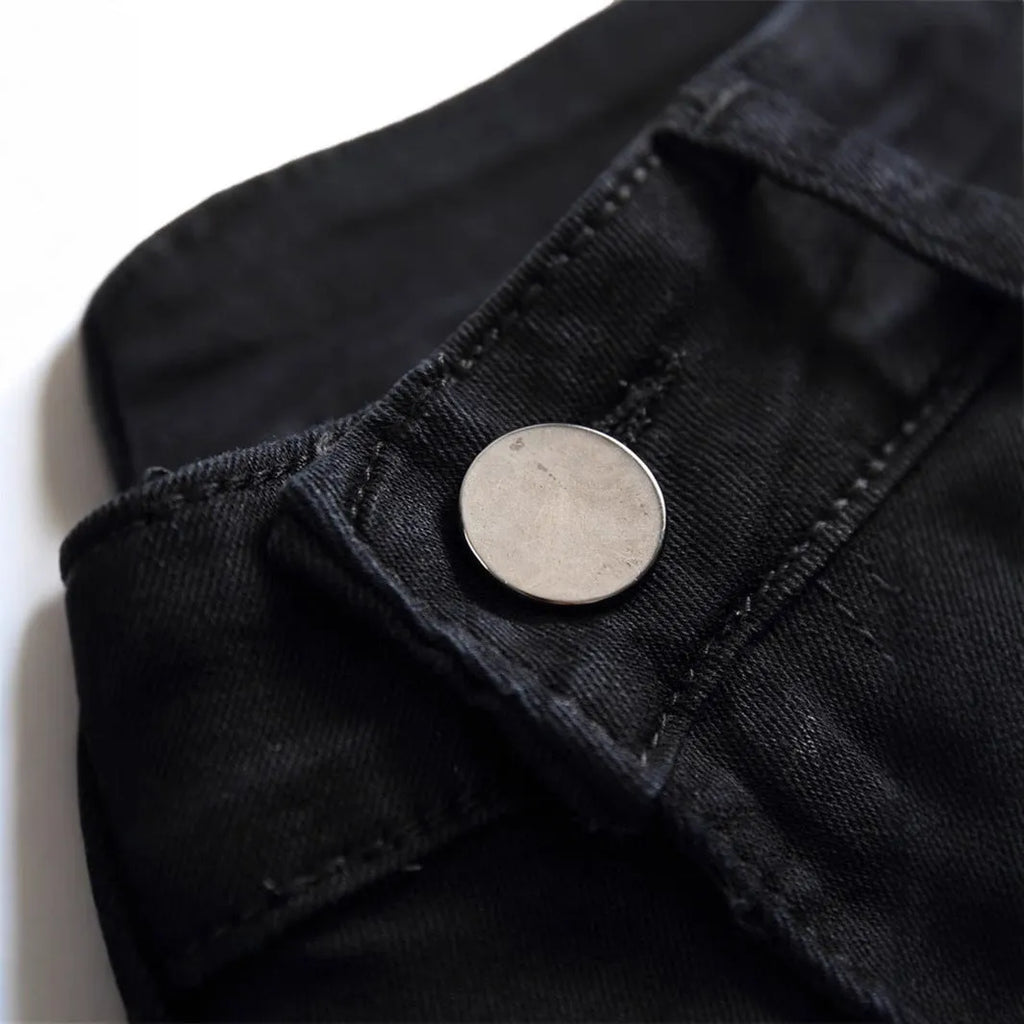 Tight ripped skinny solid colour men's denim trousers with mid waist and zipper fly
