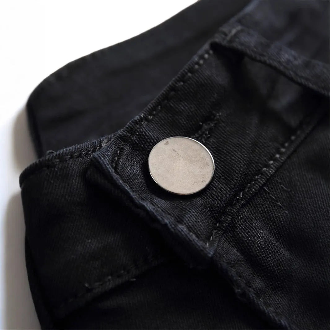 Tight ripped skinny solid colour men's denim trousers with mid waist and zipper fly