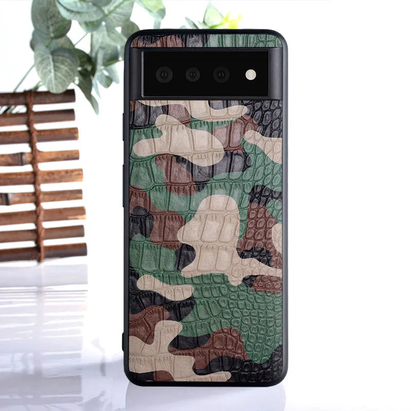 Camouflage PU back cover for Google Pixel phone, available in green, gray, blue, and orange, textured grip case