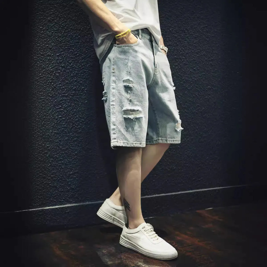 Ripped denim outer wear fifth pants in light blue loose fit cropped trousers