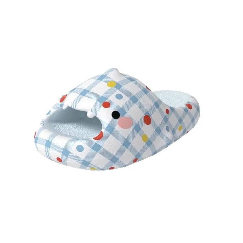 Pair of non-slip EVA five-toe flip flops with cartoon shark design in Blue Rainbow Beans colour