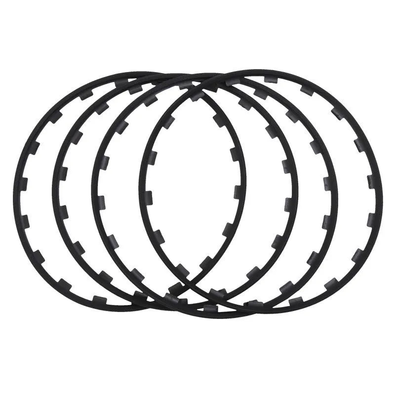 Set of four nylon wheel hub protection rings in assorted colours for 16 to 20-inch wheels.