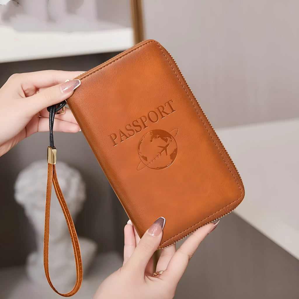 Brown PU leather travel document organiser with letter pattern, showing credit card slots.