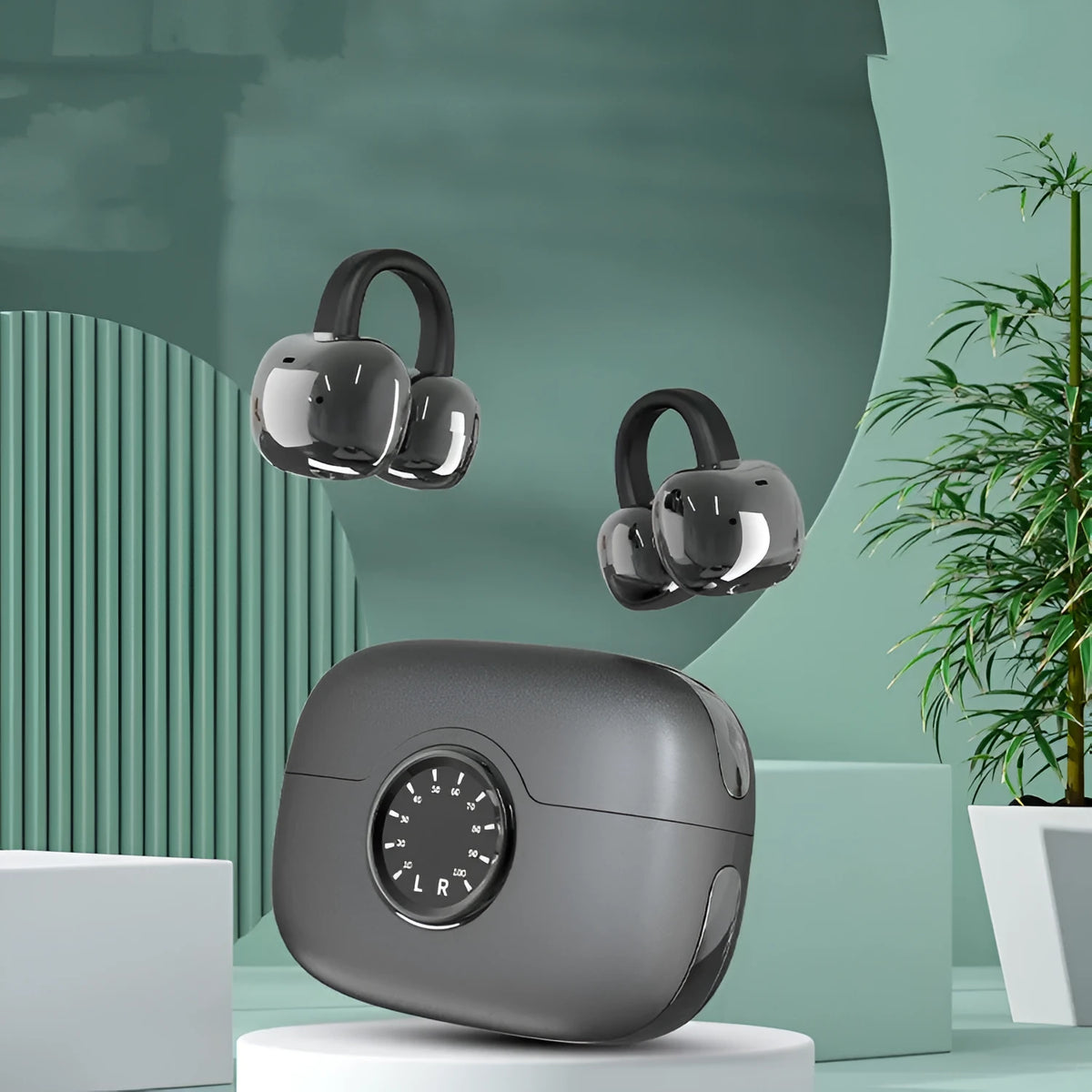 Ear clip wireless bluetooth earphone in black with charging case, open-ear design