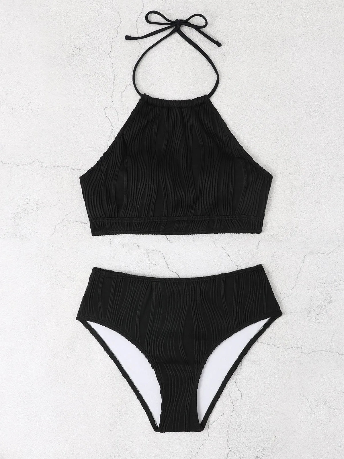 Conservative high waist apron swimwear set for women in solid colour polyester fabric