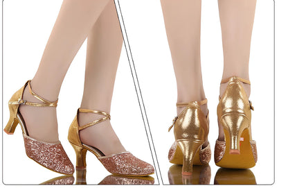 Women's silver high-heeled Latin dance shoes with 7cm heel, sequins, pointed toe, size 36-41