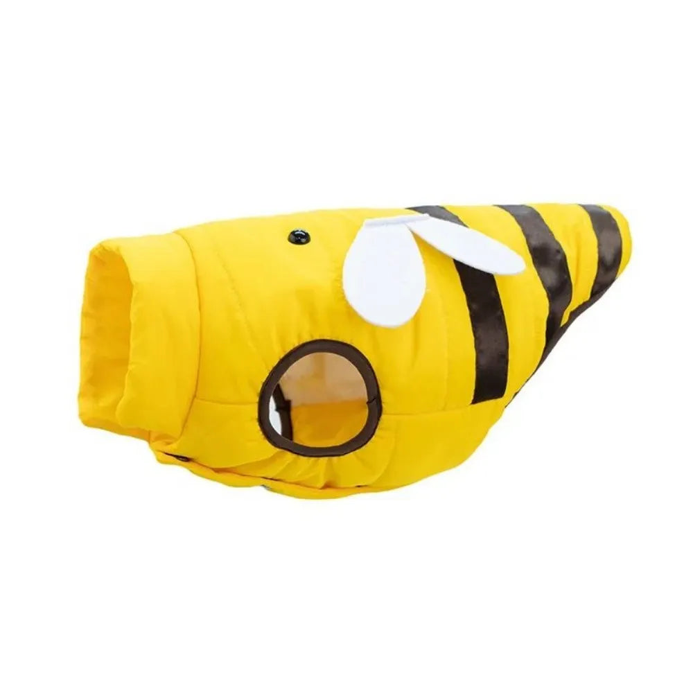 Warmly dog coat with bee print, yellow, velvet lined, turtleneck collar, winter jacket on a dog