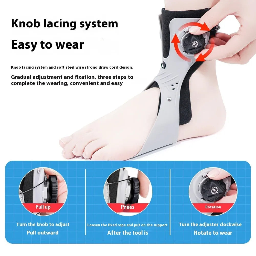Adjustable ankle fixation brace with airbag button in black or grey colour, shown on a foot.