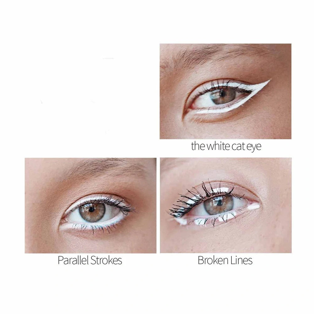 Box of 12 white eyeliner pencils showing waterproof formula and high gloss finish