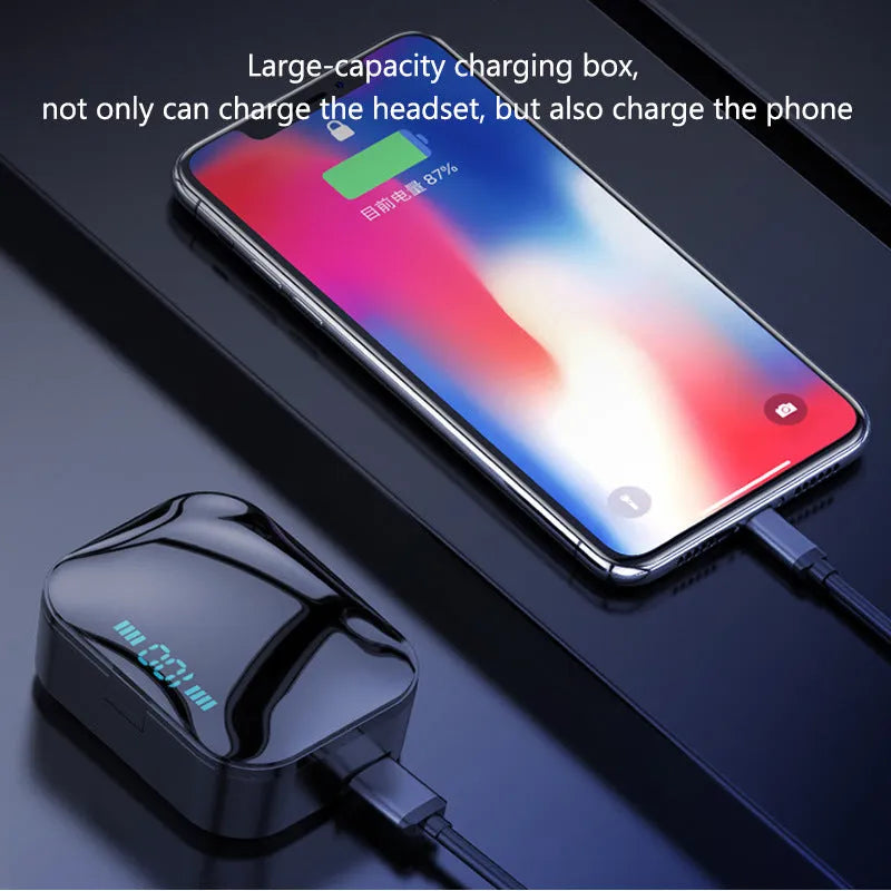 X7LED black and white sports Bluetooth in-ear headphones with charging compartment showing LED display