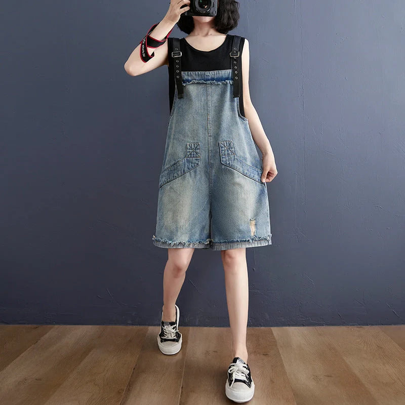 Women's denim suspenders in blue, Korean style design with adjustable straps