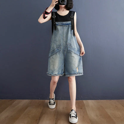 Women's denim suspenders in blue, Korean style design with adjustable straps