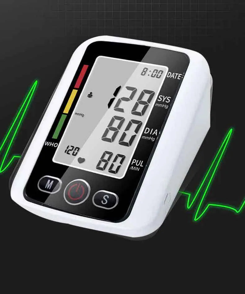 Automatic arm electronic blood pressure monitor with large screen on grey background.