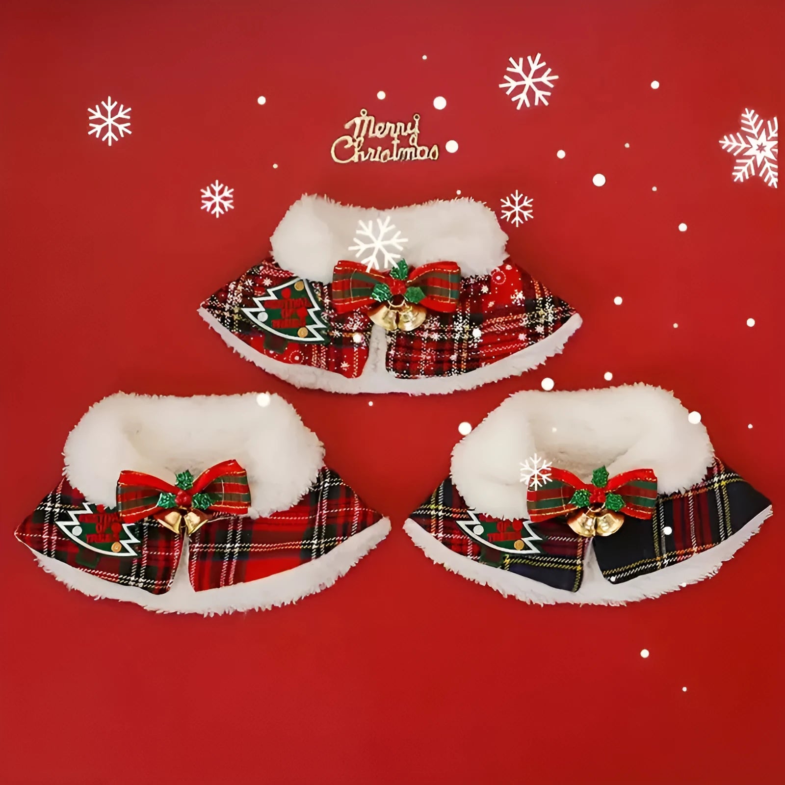 A red background festive bell design polyester scarf for a dog around its neck.