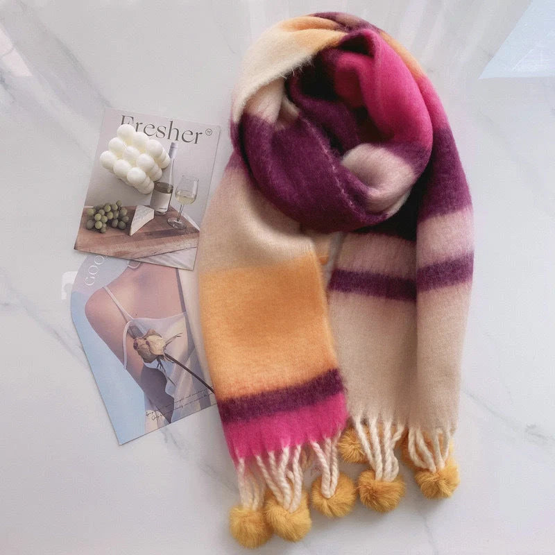 Rainbow Dopamine Mohair Tassel Scarf in vibrant colours, perfect for winter