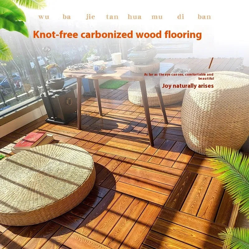 Four square pine wood floor tiles arranged together showing brushed surface texture