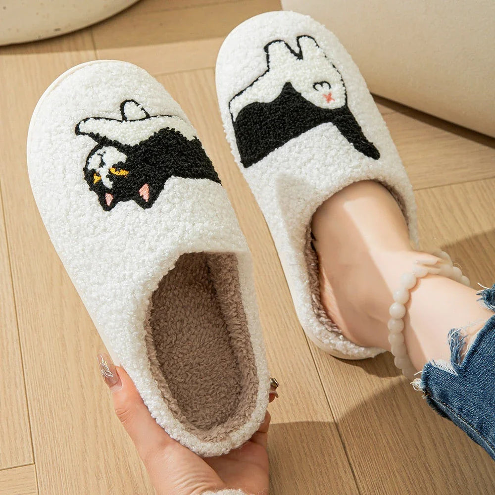 Cozy cartoon-themed cotton slippers with soft, fuzzy lining and non-slip soles for comfortable indoor and outdoor wear