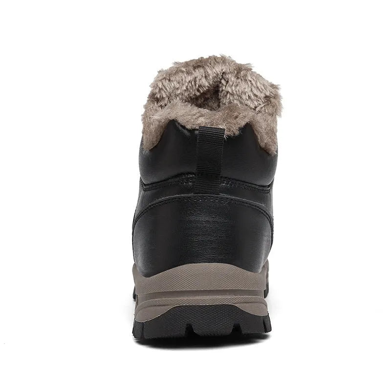 Men's winter boots with plush lining, black, lace-up style, artificial PU upper with cowhide finish, rubber sole