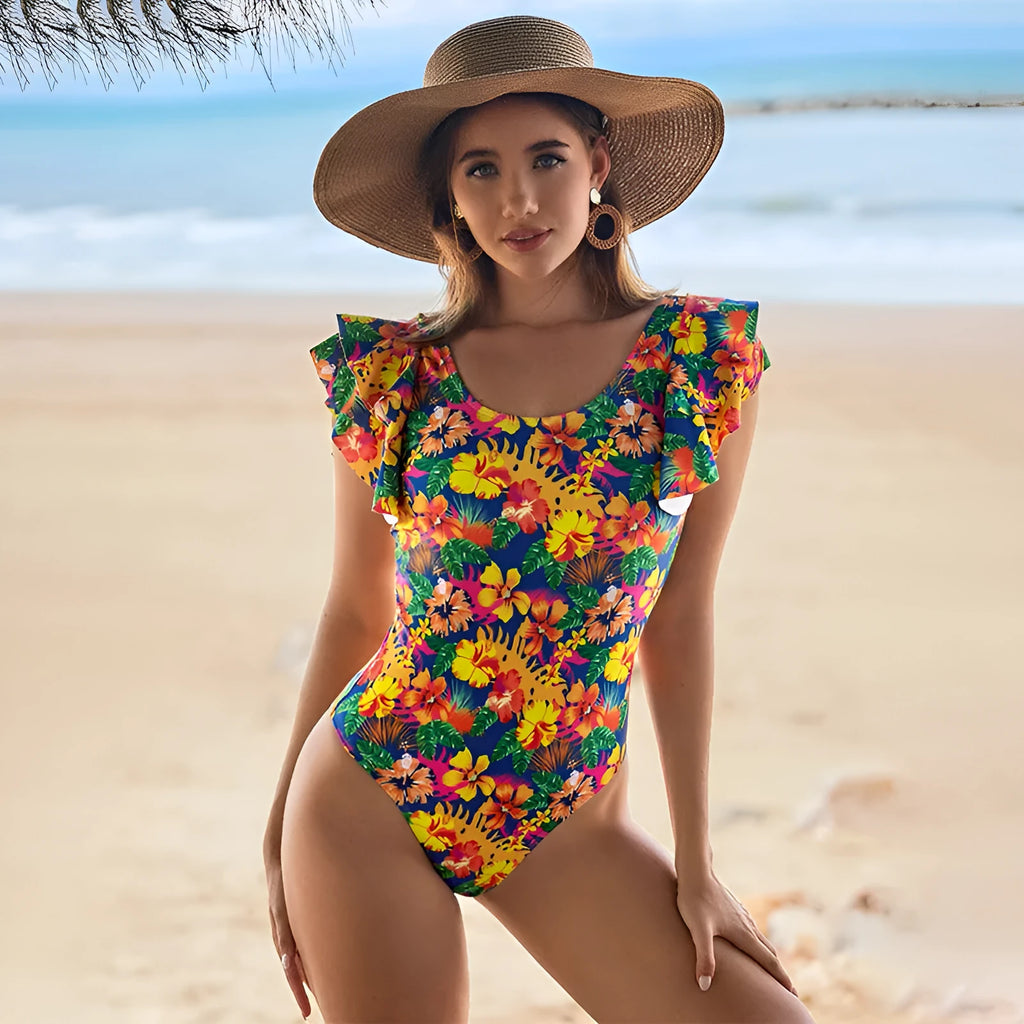 Women's one-piece swimsuit with U-shaped collar and lace detailing on polyester fabric