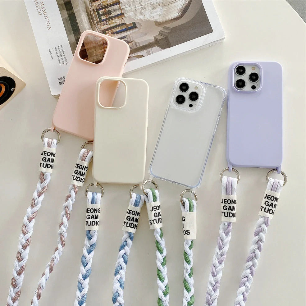 Woven fabric silicone phone case with cross-body lanyard in pink, purple, or antique white colours
