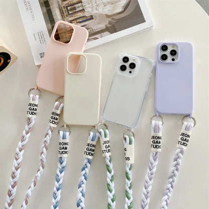 Woven fabric silicone phone case with cross-body lanyard in pink, purple, or antique white colours