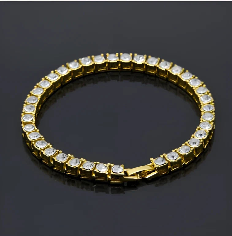 Gold iced hip hop bracelet with AAA rhinestone geometric chain, 5mm width 8 inch length on wrist