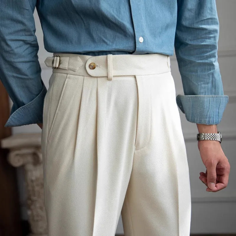 Men's straight leg polyester business casual trousers in black, front view