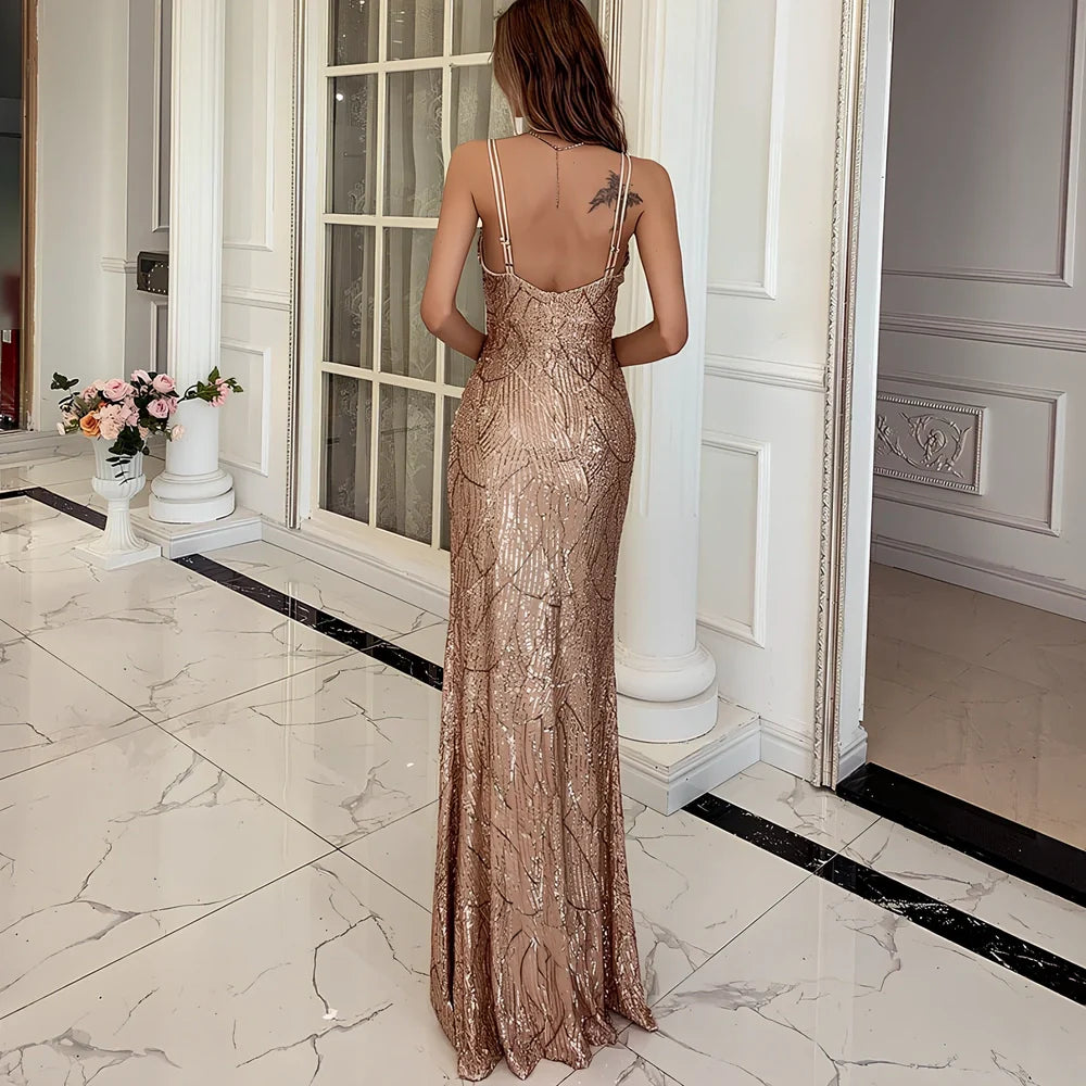 Gold women V-neck sequin spaghetti strap maxi dress, summer party style with 140 cm length and lightweight fit