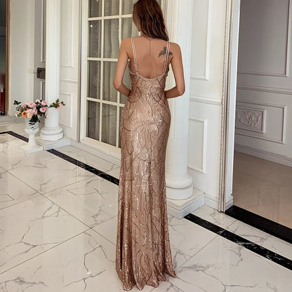 Gold women V-neck sequin spaghetti strap maxi dress, summer party style with 140 cm length and lightweight fit