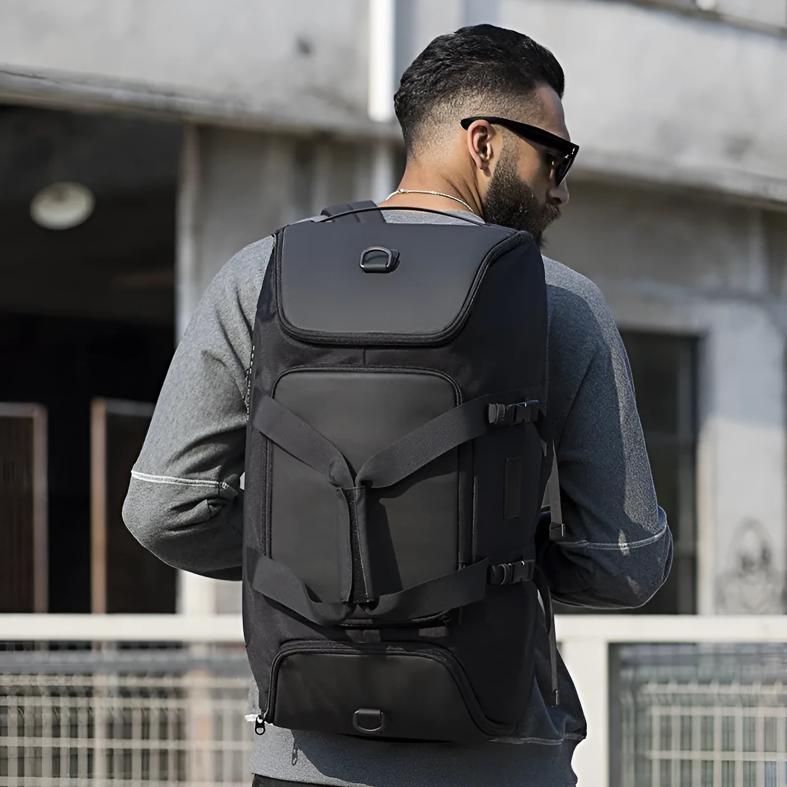Black Oxford cloth outdoor travel backpack with letters pattern and three shoulder straps