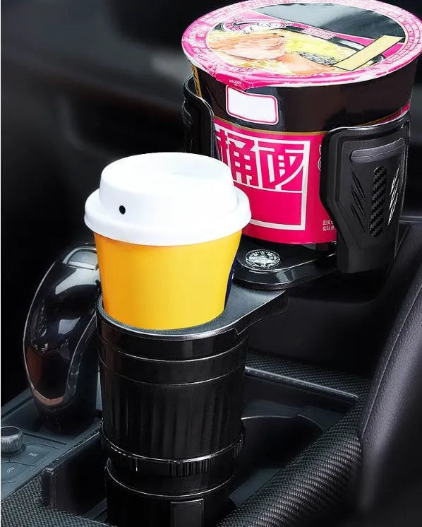 Black ABS plastic car dashboard cup holder with a retractable base shown in extended and retracted positions.