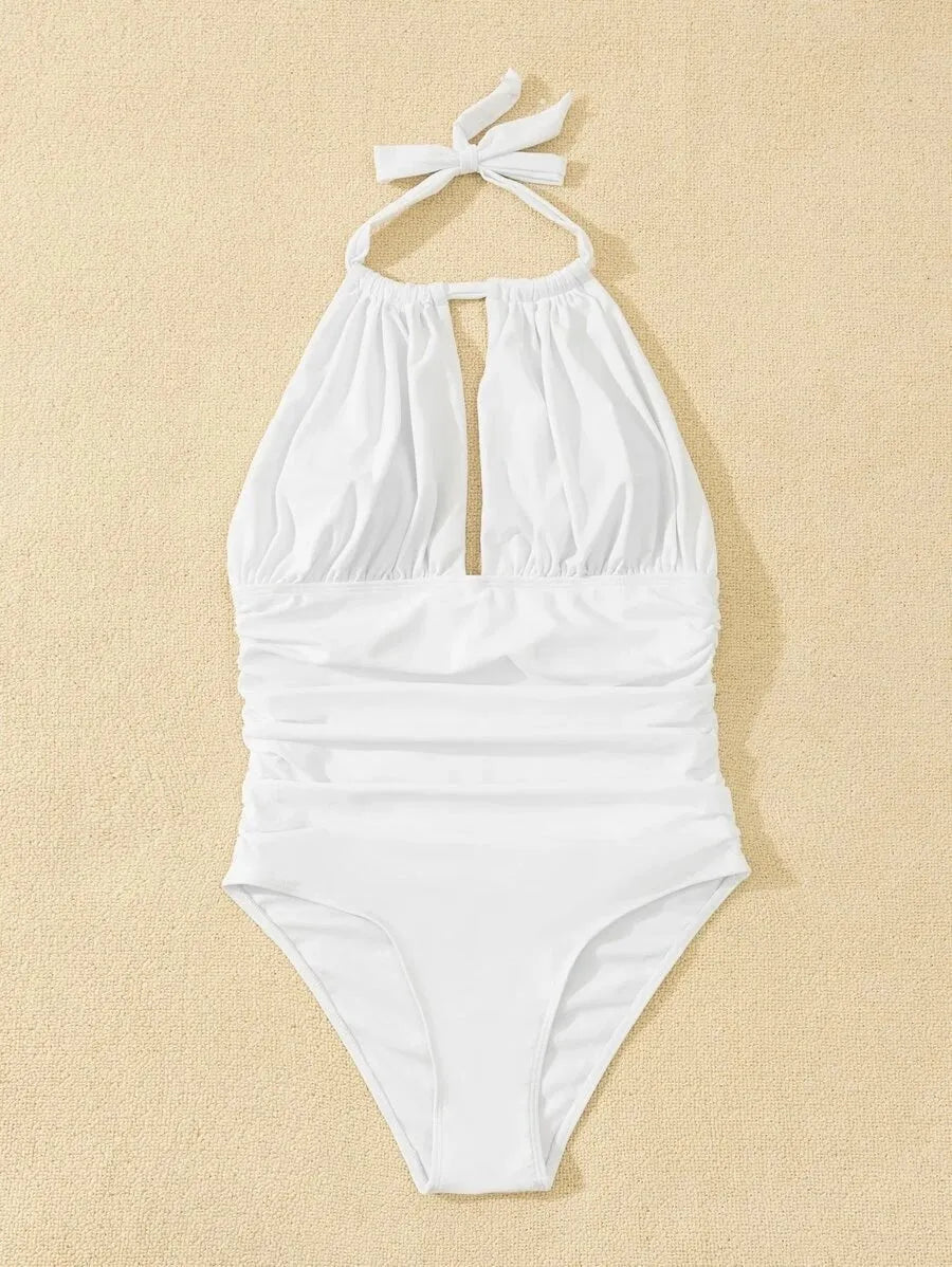 Women's solid colour one-piece polyester swimsuit in black, front view, sizes S-XL
