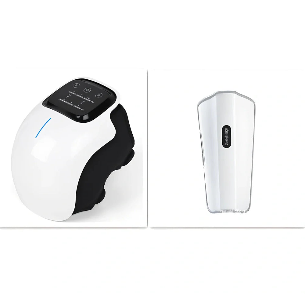 Smart knee massager with adjustable straps and LED display showing intensity levels