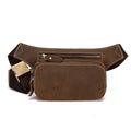 Brown top layer cowhide men's sports waist bag showing pull closure and dimensions.