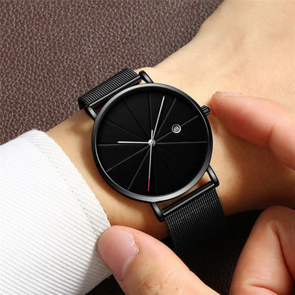 Men's stainless steel waterproof calendar watch with quartz movement and mineral tempered glass mirror