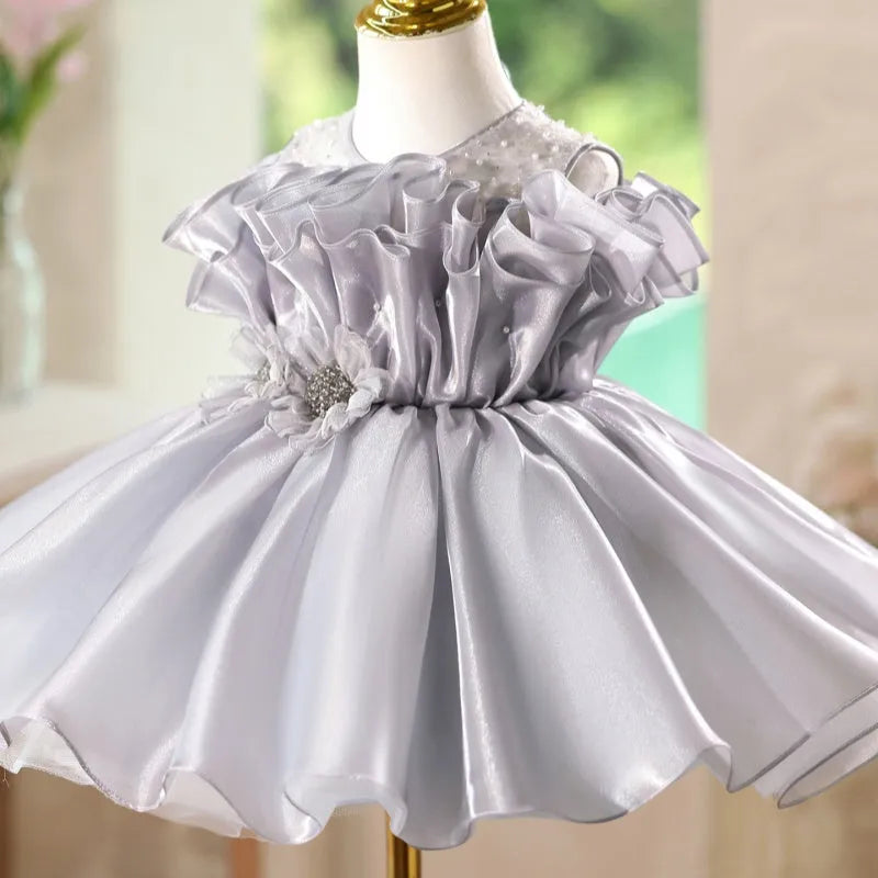 Girls' polyester princess dress in smoky gray, sleeveless round neck slim fit for birthday banquet