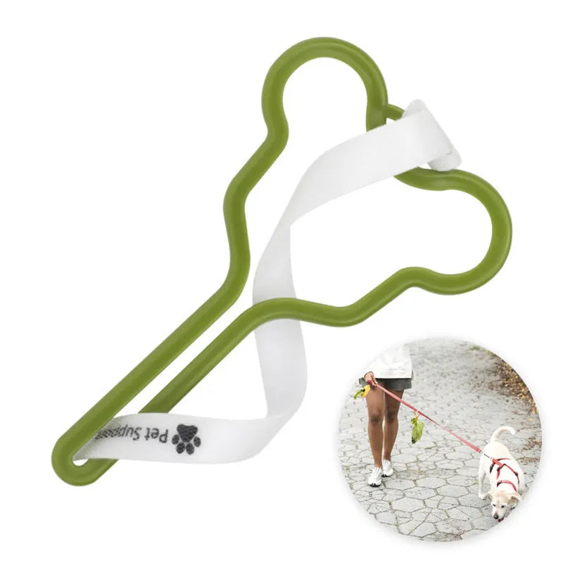Dog poop bag holder with hands-free clip and hook and loop fastener for leash attachment