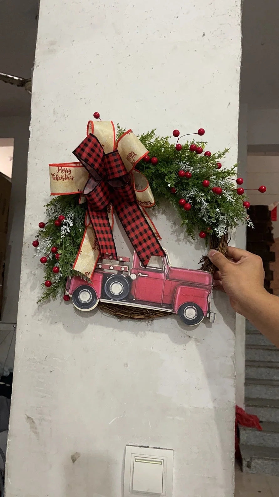 Wooden red truck Christmas garland with pumpkin accents for festive holiday decor
