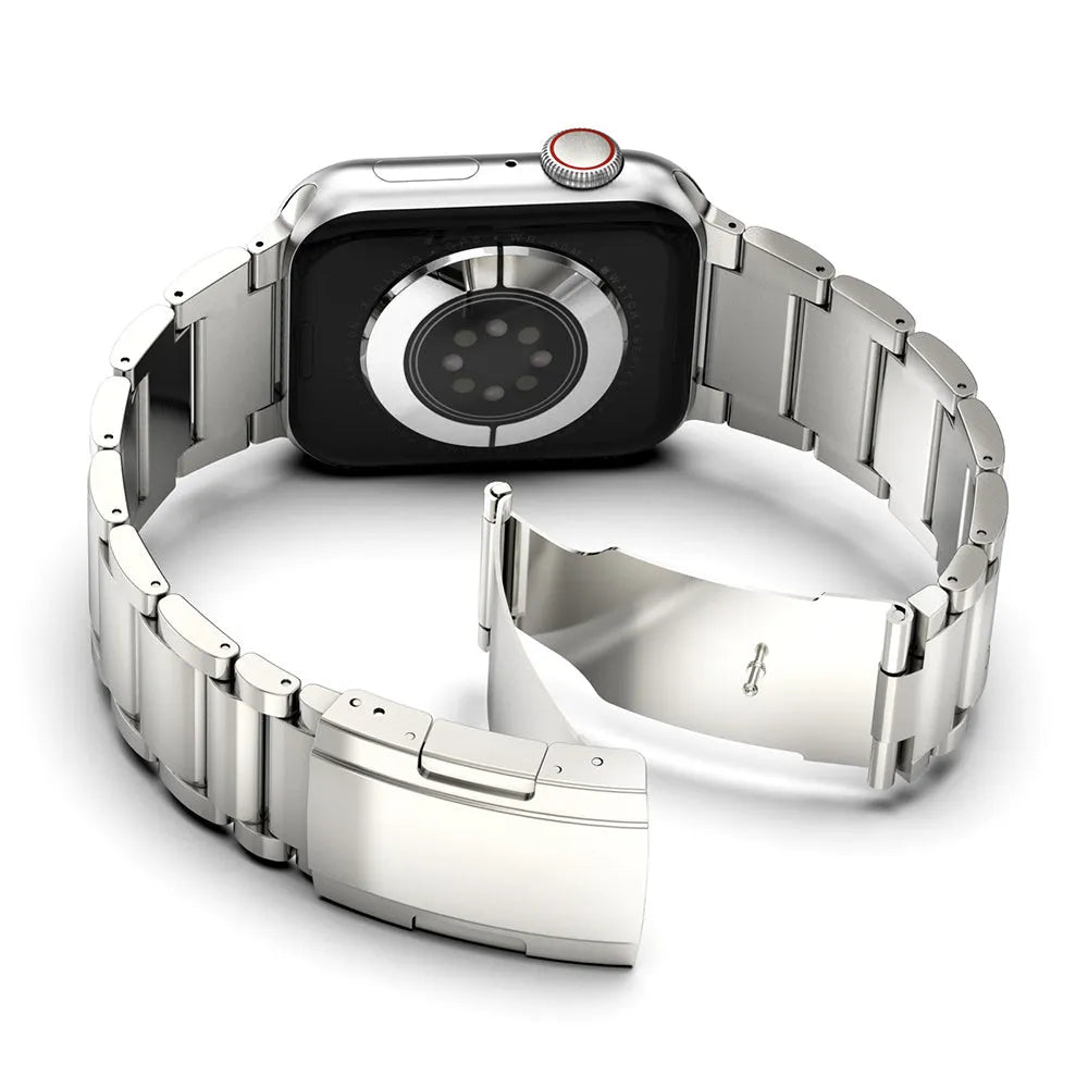 Titanium alloy Apple Watch strap with folding buckle in black and silver colours