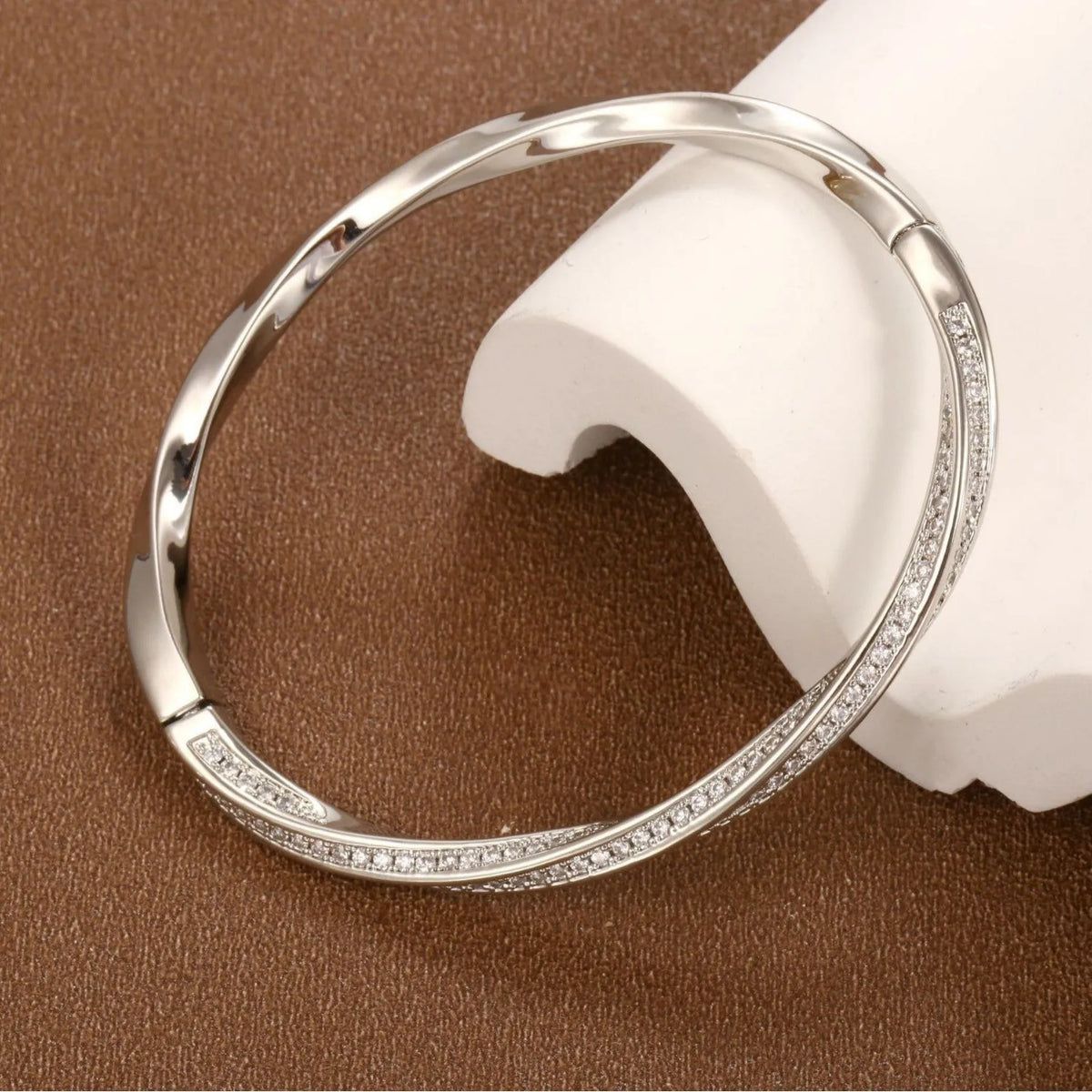 Real gold plated brass Mobius bracelet with half circle full diamond design in champagne gold colour