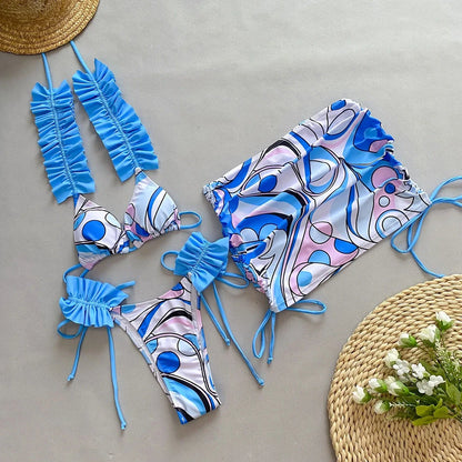 Women's purple pleated split bikini swimsuit with sleeveless design and briefs style for swimming