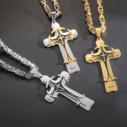 Men's Christian Trinity Latin Cross Necklace in stainless steel with three layers