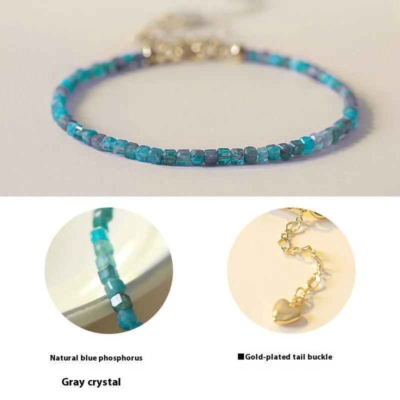 Adjustable women's bracelet with natural blue apatite crystal diamond-shaped beads