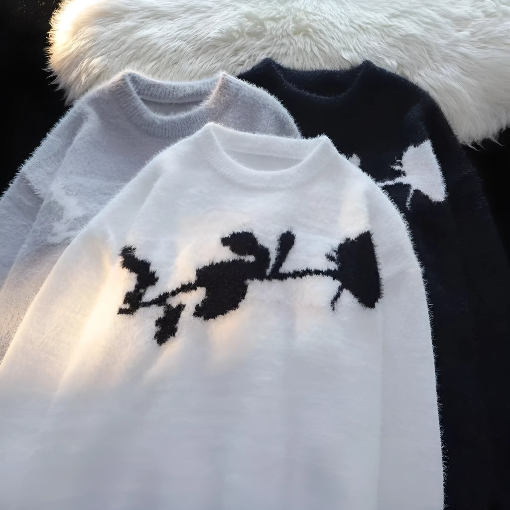 Men's dark rose flocking horse print on a black long sleeve cotton blend pullover sweater