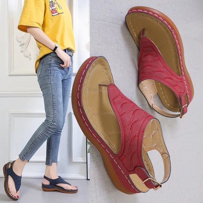 Women's casual wedge heel flip flop sandals with adjustable back strap in red, green, black, blue, and khaki