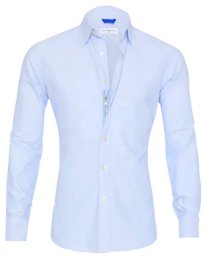 A stylish long sleeve zipper shirt with a button-accented lapel design, made of breathable cotton fabric for men.