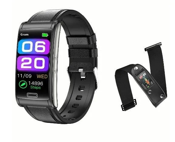 E600 non-invasive blood sugar testing smart watch with TFT screen, black band, showing health data on display