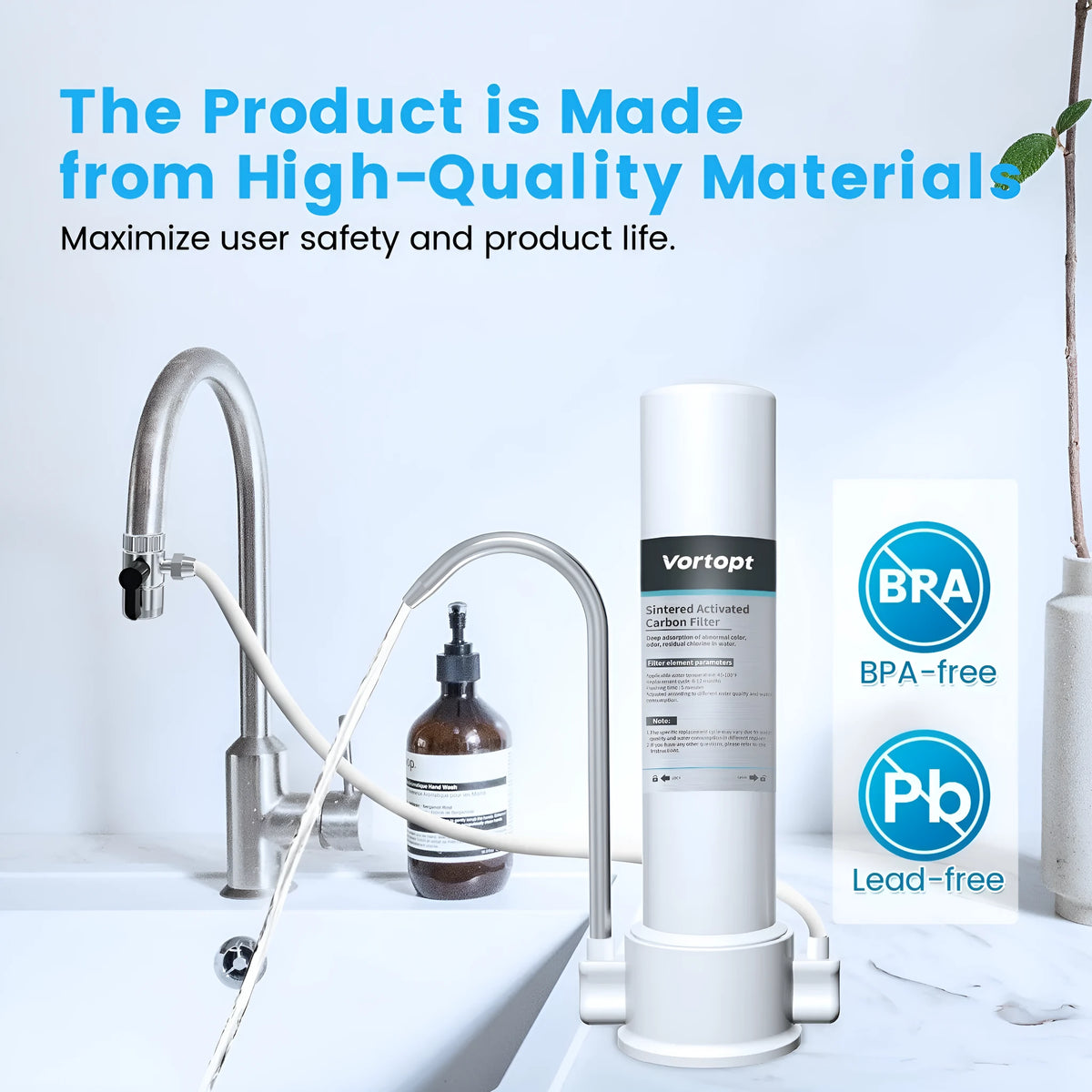 White F8 countertop carbon rod water filter purifier on a kitchen worktop