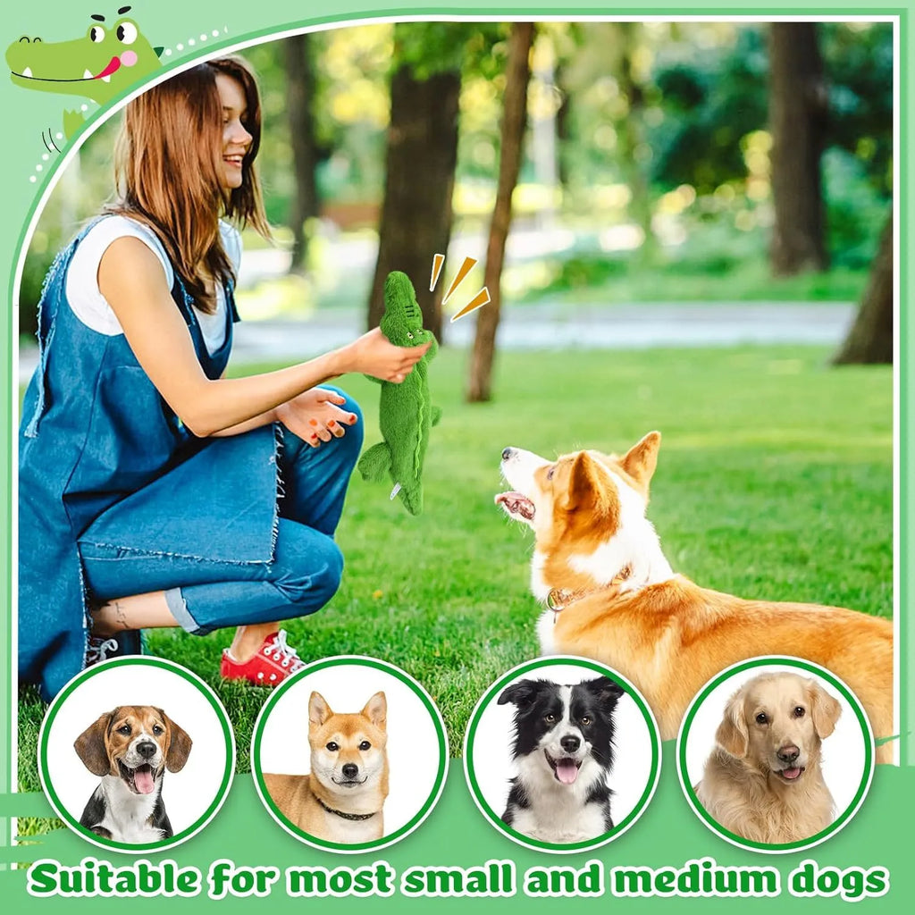 Green crocodile squeaky dog toy for aggressive chewers with no-stuffing design