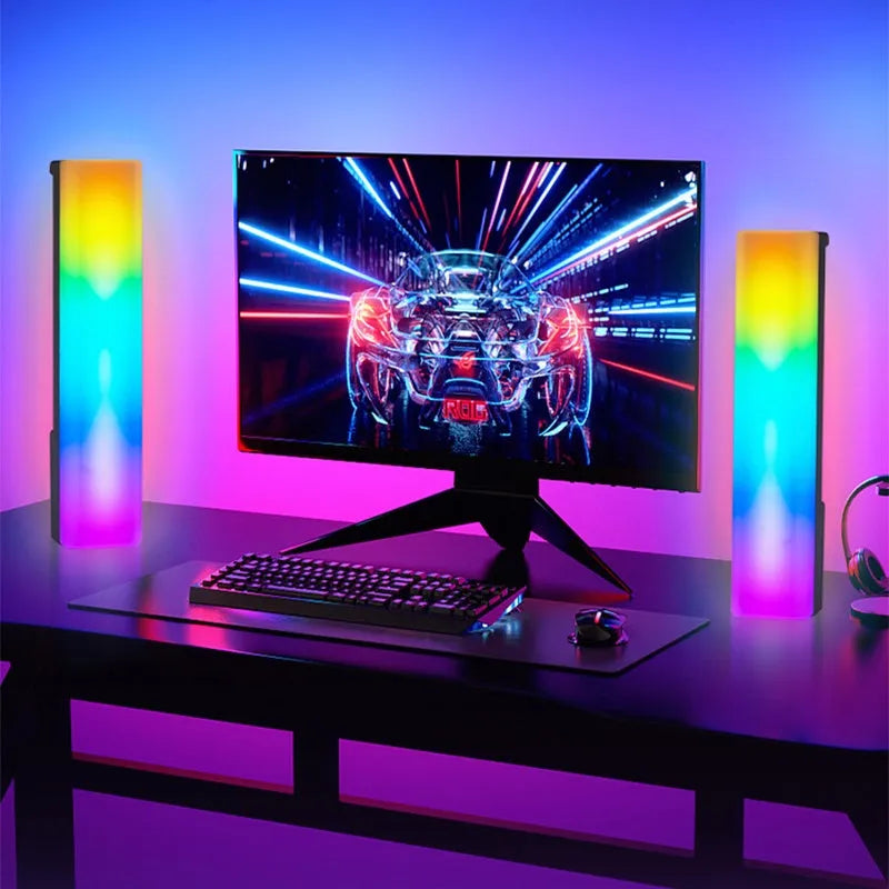 3D RGB voice-activated ambience lamp in black or white on a gaming desk.
